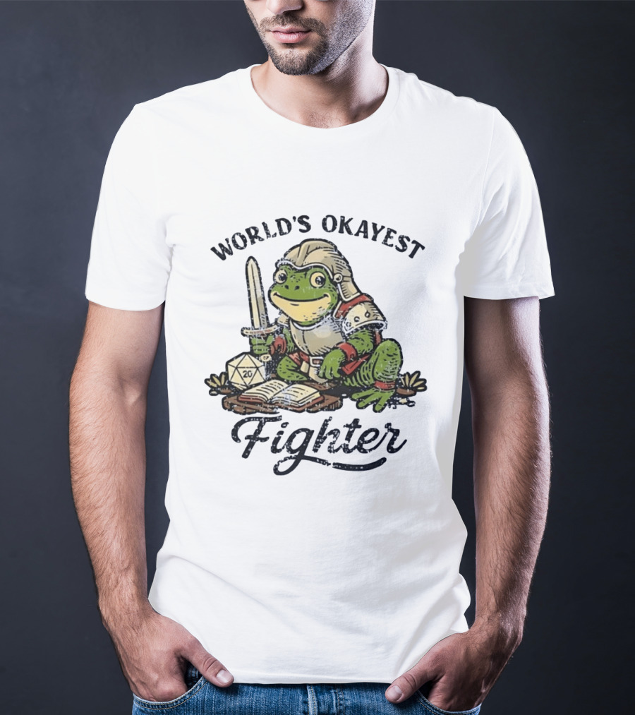 World's Okayest Fighter Frog In Armor With D20 Dice And Sword T-Shirt