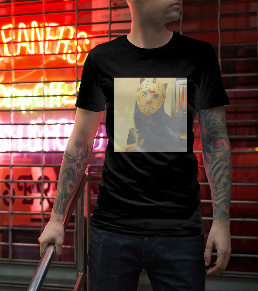 Black Cat In Horror Movie Jason Voorhees Mask T-Shirt