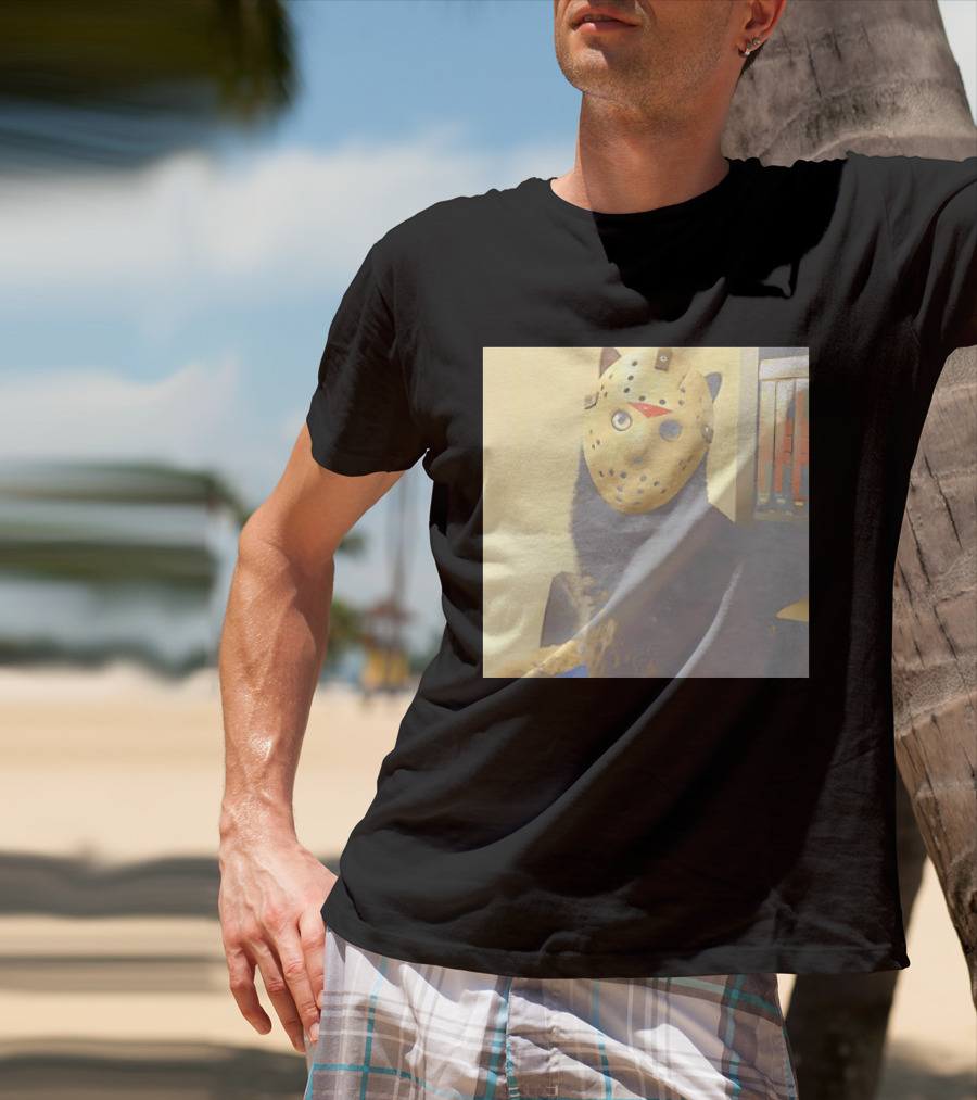 Black Cat In Horror Movie Jason Voorhees Mask T-Shirt