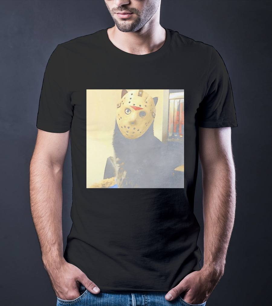 Black Cat In Horror Movie Jason Voorhees Mask T-Shirt