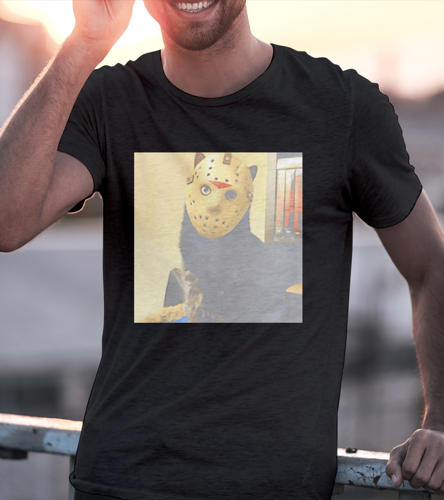 Black Cat In Horror Movie Jason Voorhees Mask T-Shirt