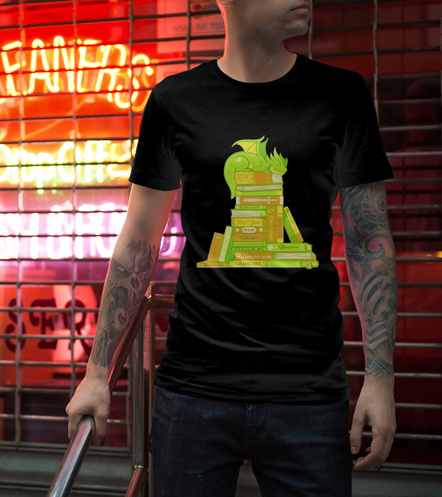 Sleeping Dragon On RPG Fantasy Magic Book Stack Grimoire Wizardry Tales T-Shirt
