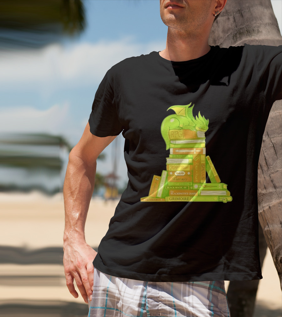 Sleeping Dragon On RPG Fantasy Magic Book Stack Grimoire Wizardry Tales T-Shirt