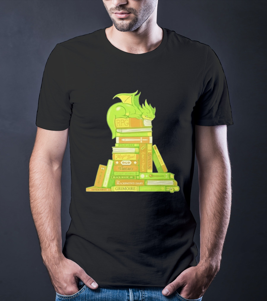 Sleeping Dragon On RPG Fantasy Magic Book Stack Grimoire Wizardry Tales T-Shirt