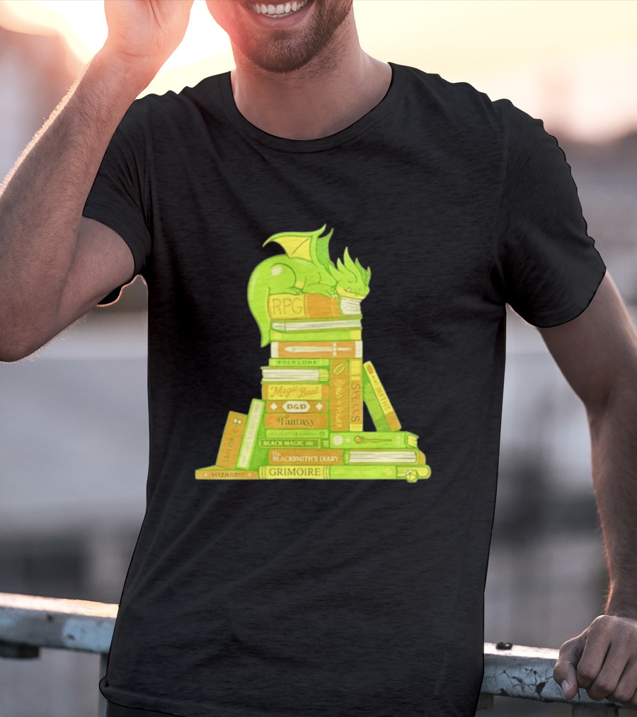 Sleeping Dragon On RPG Fantasy Magic Book Stack Grimoire Wizardry Tales T-Shirt