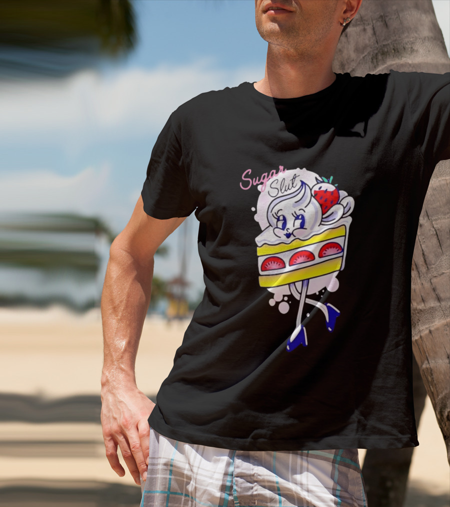 Sugar Slut Strawberry Cake Cartoon Slice With Whipped Cream And Berries T-Shirt