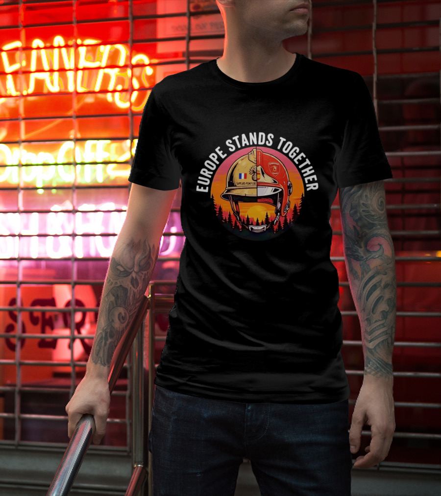 Europe Stands Together Sapeurs Pompiers Bomberos Espana Firefighter Helmet Forest Sunset T-Shirt