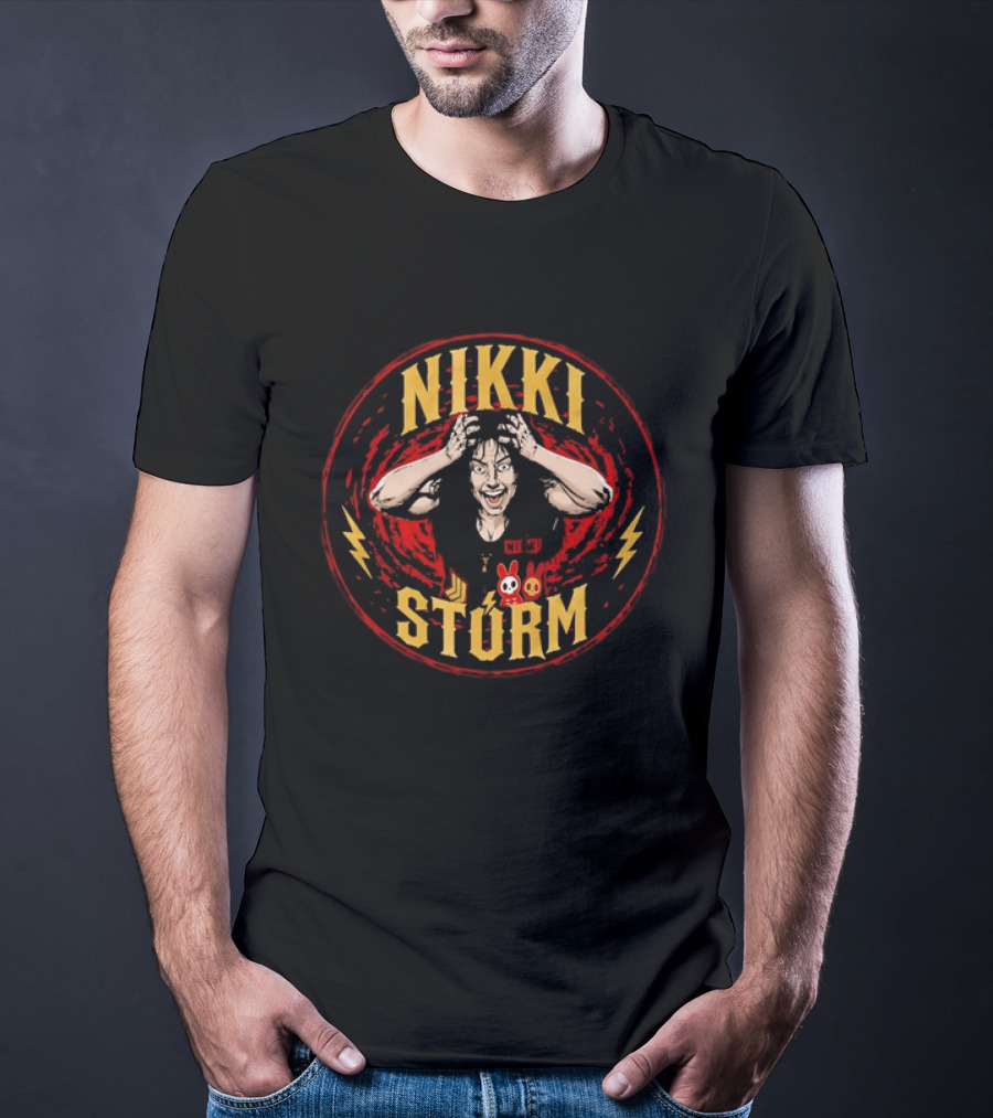Nikki Stürm Wrestling Character With Lightning Bolts And Red Spiral T-Shirt