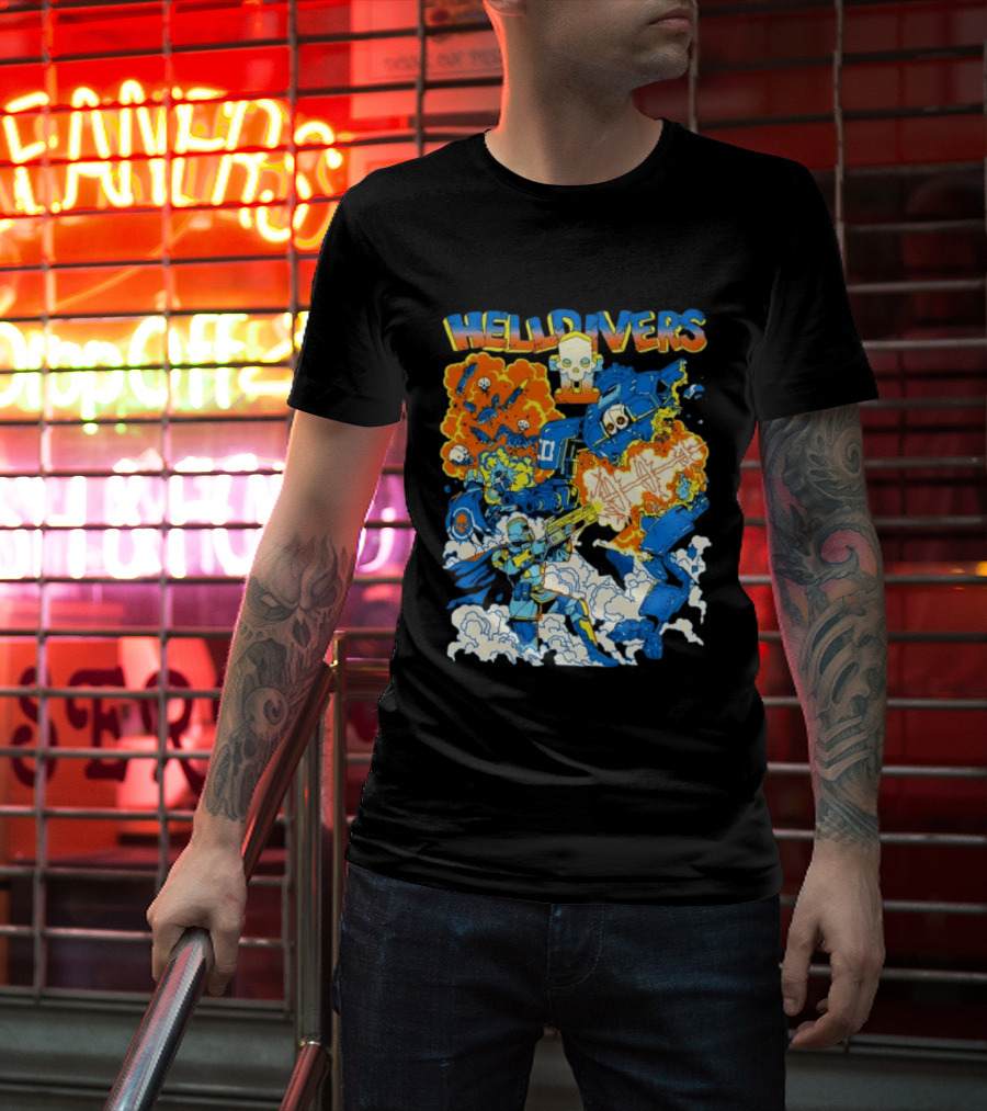 Helldivers Super Earth Soldier Combat Action Explosive Battle Scene T-Shirt
