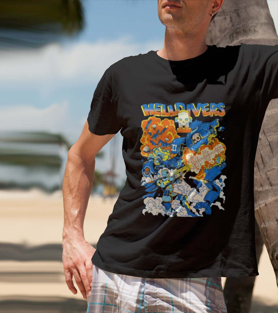 Helldivers Super Earth Soldier Combat Action Explosive Battle Scene T-Shirt