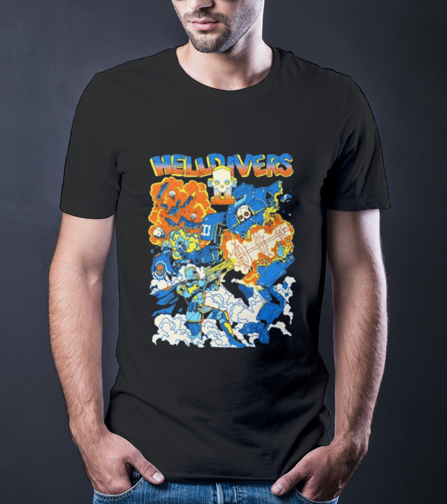 Helldivers Super Earth Soldier Combat Action Explosive Battle Scene T-Shirt
