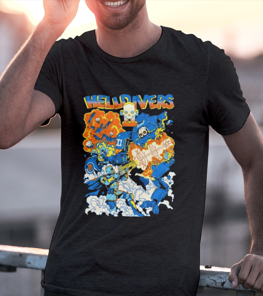 Helldivers Super Earth Soldier Combat Action Explosive Battle Scene T-Shirt