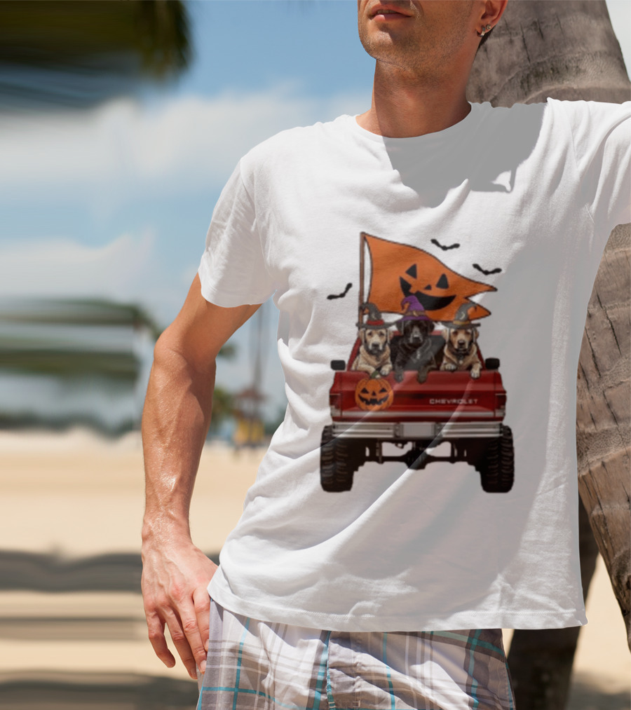 Chevrolet Halloween Dogs In Truck With Pumpkin And Bats T-Shirt