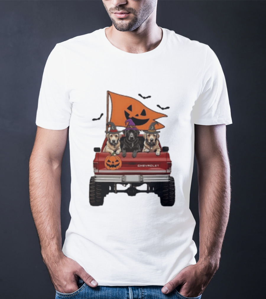 Chevrolet Halloween Dogs In Truck With Pumpkin And Bats T-Shirt