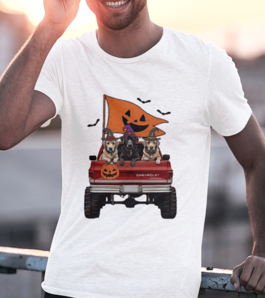 Chevrolet Halloween Dogs In Truck With Pumpkin And Bats T-Shirt
