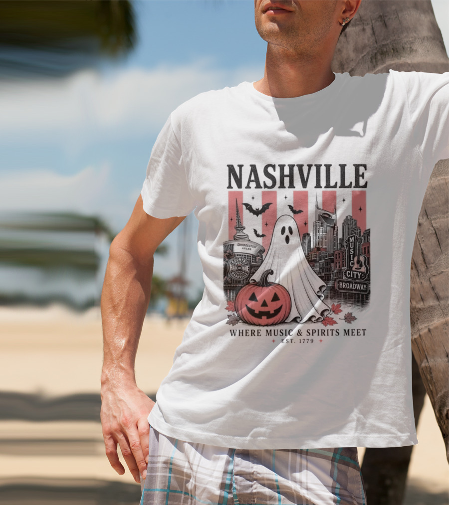 Nashville Halloween Ghost Music Spirits Skyline Pumpkin Bats T-Shirt