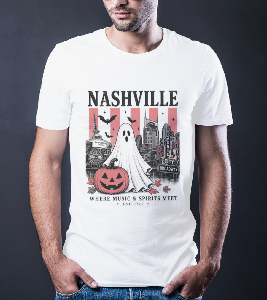 Nashville Halloween Ghost Music Spirits Skyline Pumpkin Bats T-Shirt
