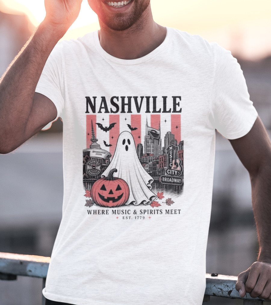 Nashville Halloween Ghost Music Spirits Skyline Pumpkin Bats T-Shirt