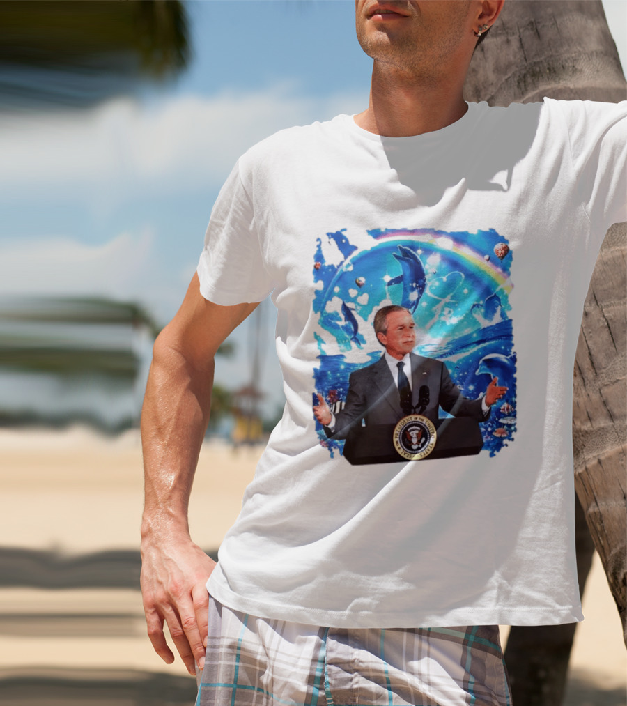 George W Bush Dolphins Coexist Peacefully With Rainbow And Ocean Scene T-Shirt