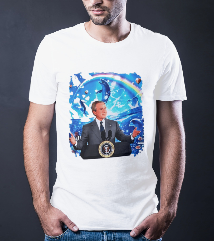 George W Bush Dolphins Coexist Peacefully With Rainbow And Ocean Scene T-Shirt