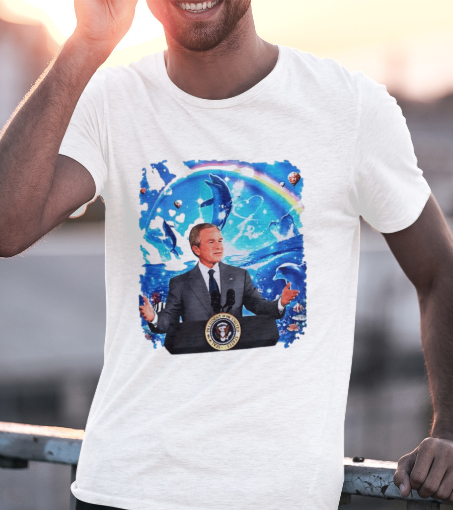 George W Bush Dolphins Coexist Peacefully With Rainbow And Ocean Scene T-Shirt