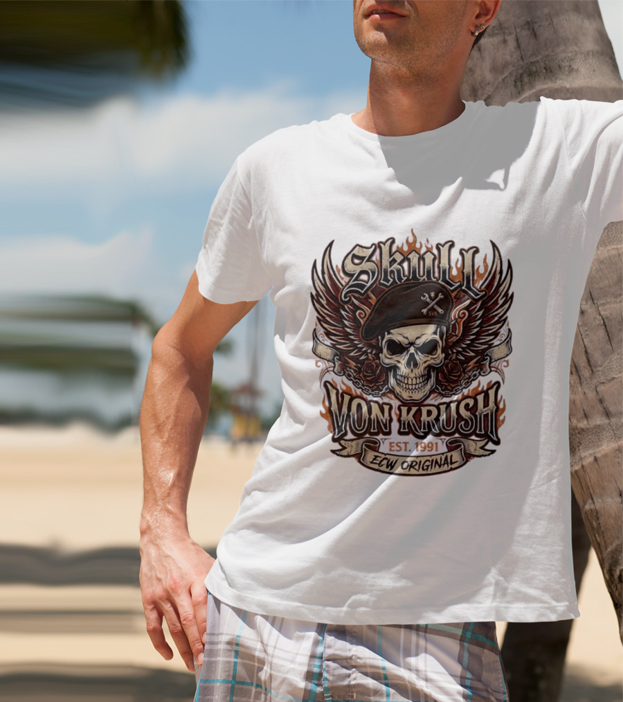 Skull Von Krush SVK Est 1991 ECW Original Flame Wings Roses T-Shirt