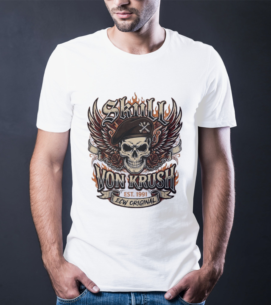 Skull Von Krush SVK Est 1991 ECW Original Flame Wings Roses T-Shirt