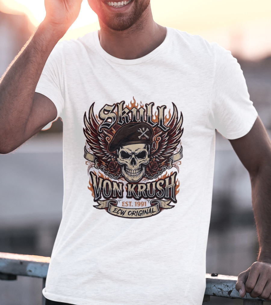 Skull Von Krush SVK Est 1991 ECW Original Flame Wings Roses T-Shirt