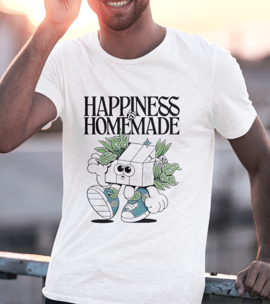 Happiness Is Homemade Cute Cartoon Box Character With Flowers T-Shirt