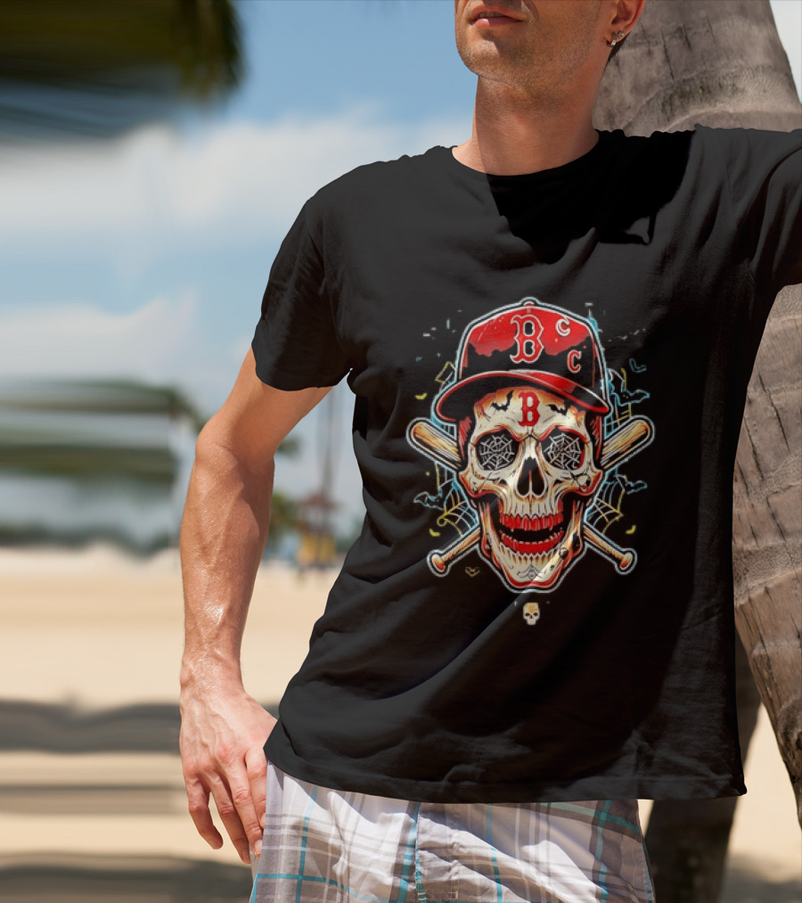 Boston Red Sox Skull Baseball Crossed Bats Red Cap T-Shirt