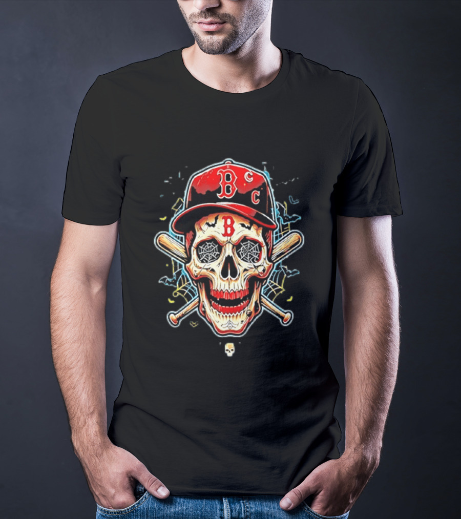 Boston Red Sox Skull Baseball Crossed Bats Red Cap T-Shirt