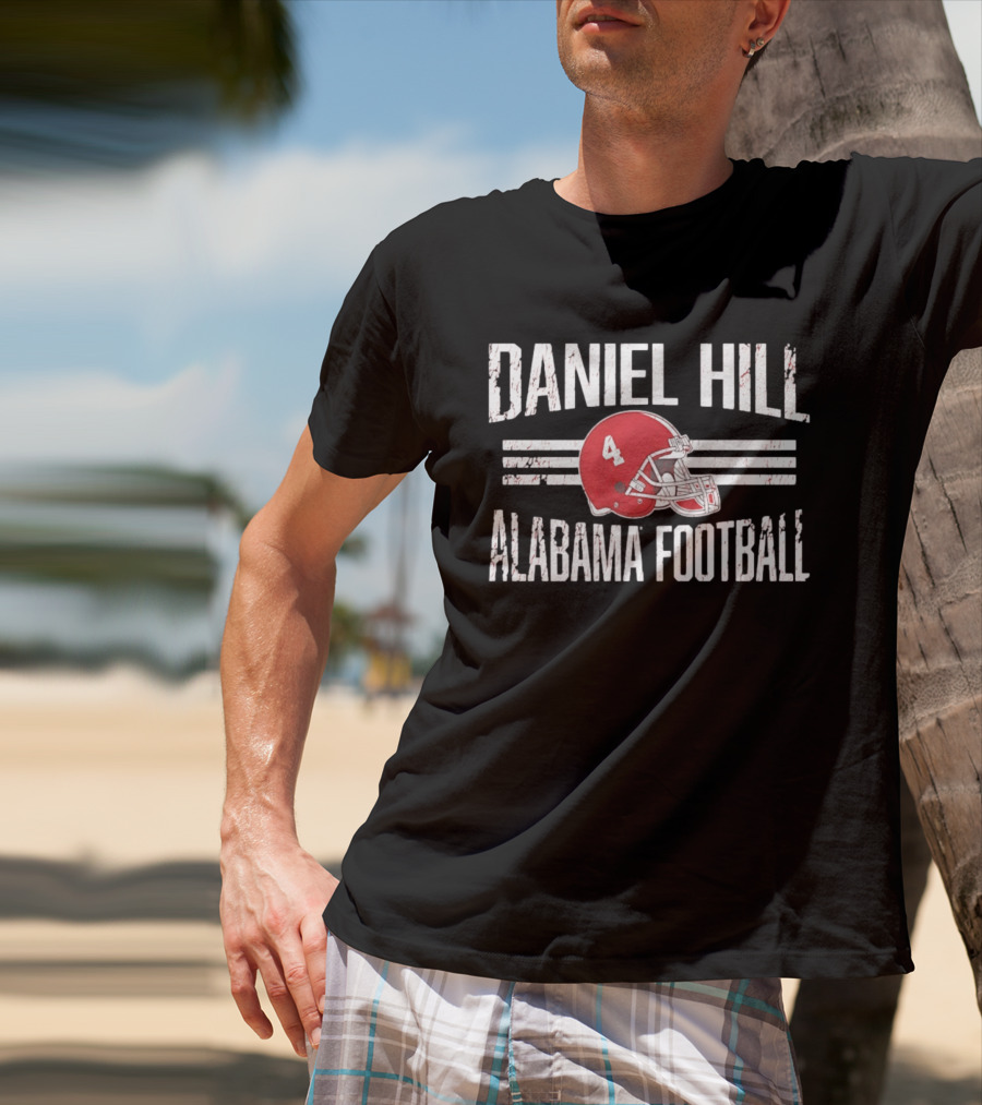 Daniel Hill Alabama Football Number 4 Red Helmet Distressed T-Shirt