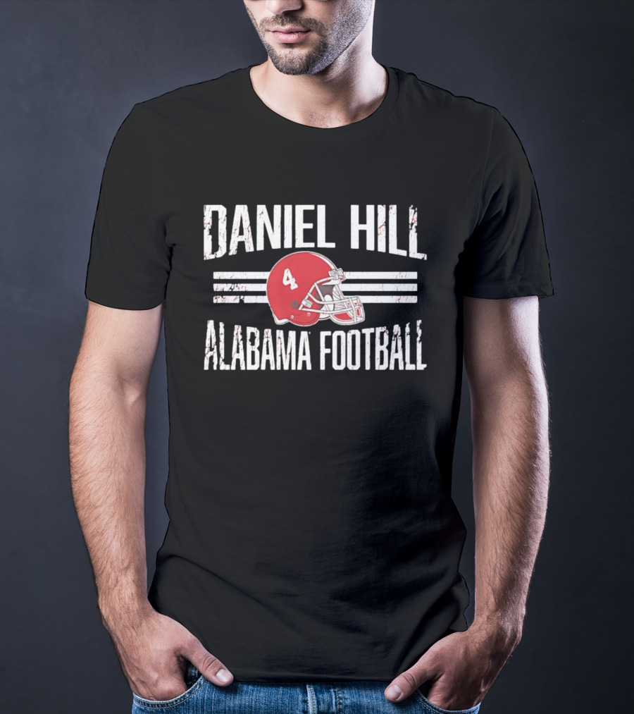 Daniel Hill Alabama Football Number 4 Red Helmet Distressed T-Shirt