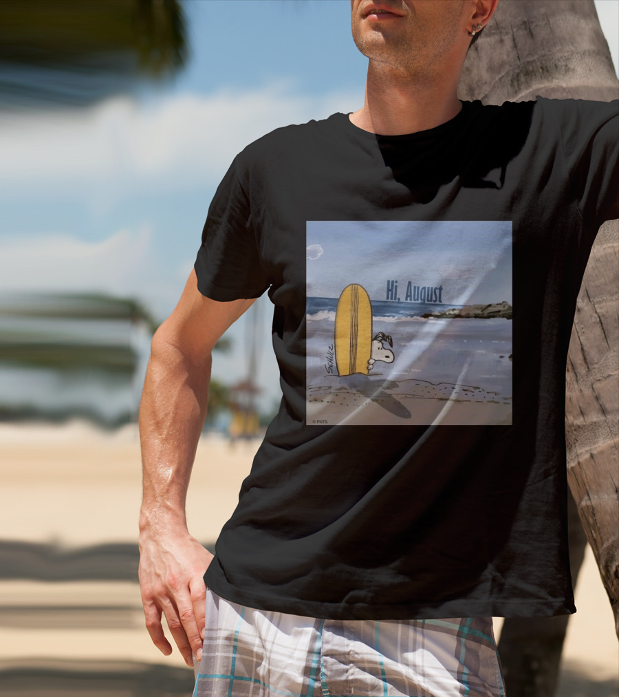 Snoopy Hi August Surfboard Beach Scene By Schulz T-Shirt