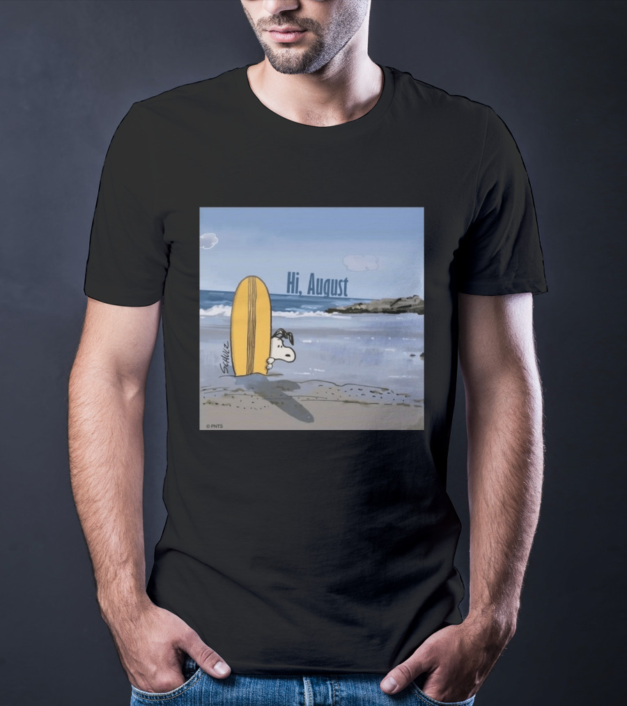 Snoopy Hi August Surfboard Beach Scene By Schulz T-Shirt