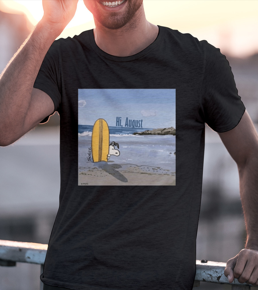 Snoopy Hi August Surfboard Beach Scene By Schulz T-Shirt