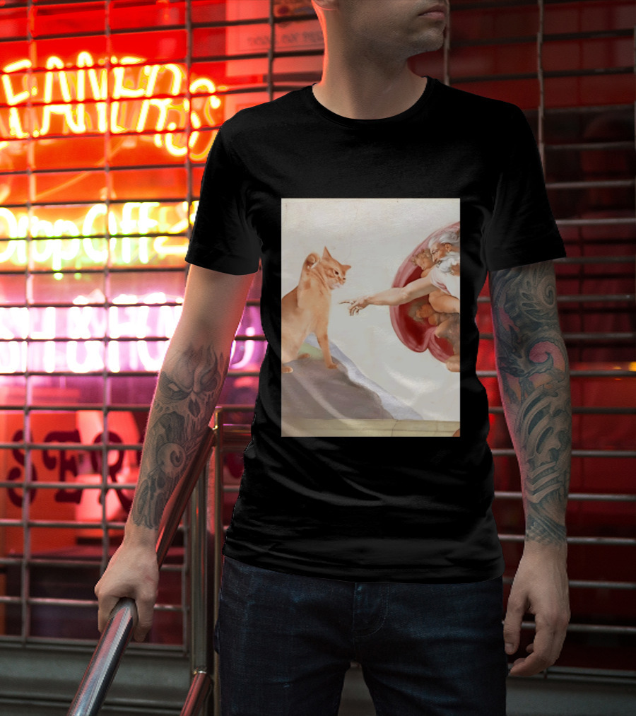 The Creation Of Adam With A Cat By Michelangelo T-Shirt