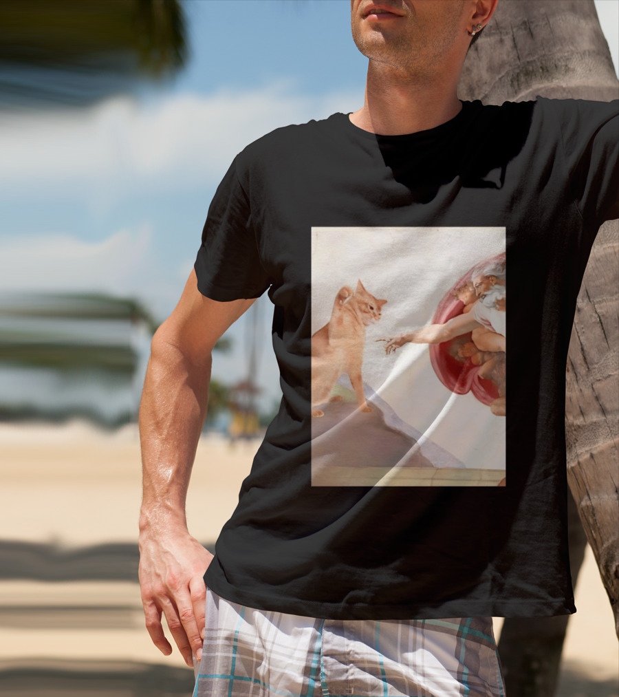 The Creation Of Adam With A Cat By Michelangelo T-Shirt
