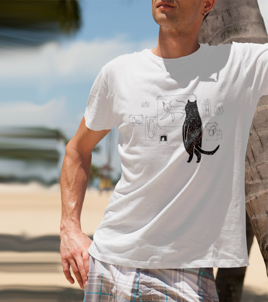 Black Cat Observing Doodle Drawings Of Cats T-Shirt