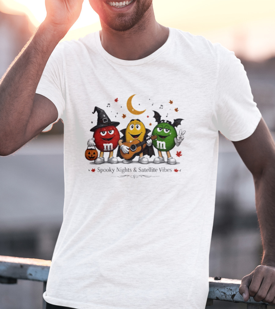M&M's Spooky Nights & Satellite Vibes Halloween Pumpkin Witch Guitar Bat Moon T-Shirt