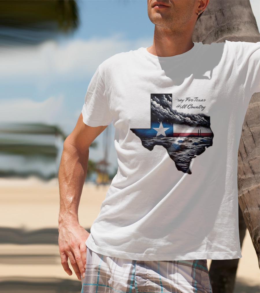 Pray For Texas Hill Country Map Texas Flag Storm Clouds T-Shirt