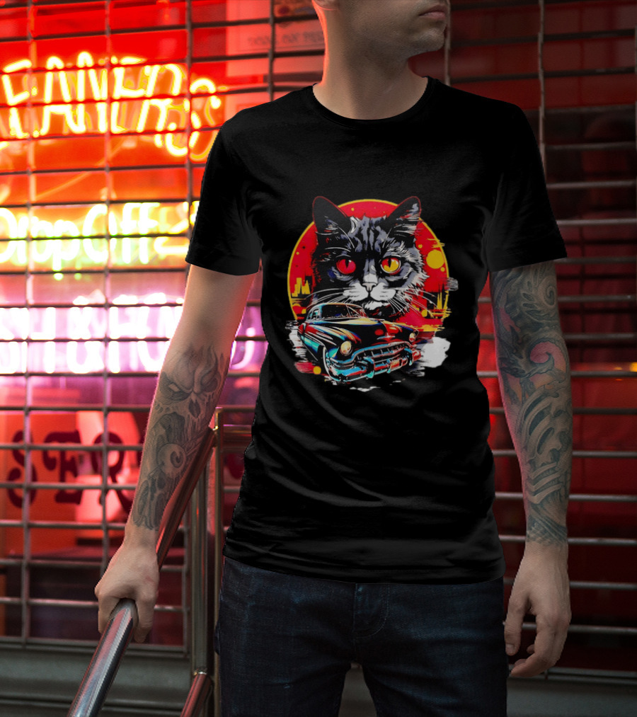 Black Cat With Vintage Classic Car And Retro Sunset T-Shirt