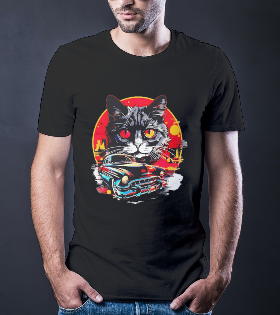 Black Cat With Vintage Classic Car And Retro Sunset T-Shirt