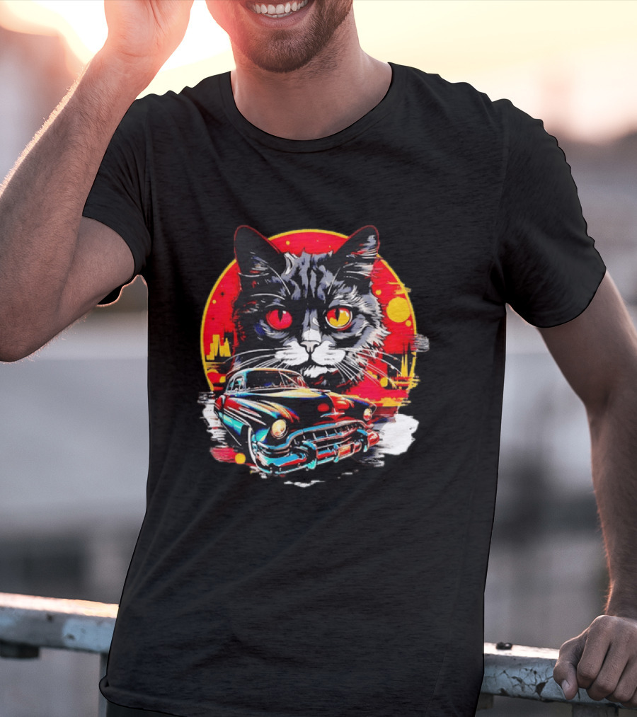 Black Cat With Vintage Classic Car And Retro Sunset T-Shirt