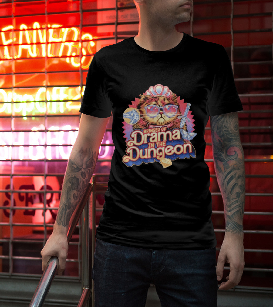 Bringer Of Drama In The Dungeon Cat With Raptor Dagger Butterfly Diamond T-Shirt