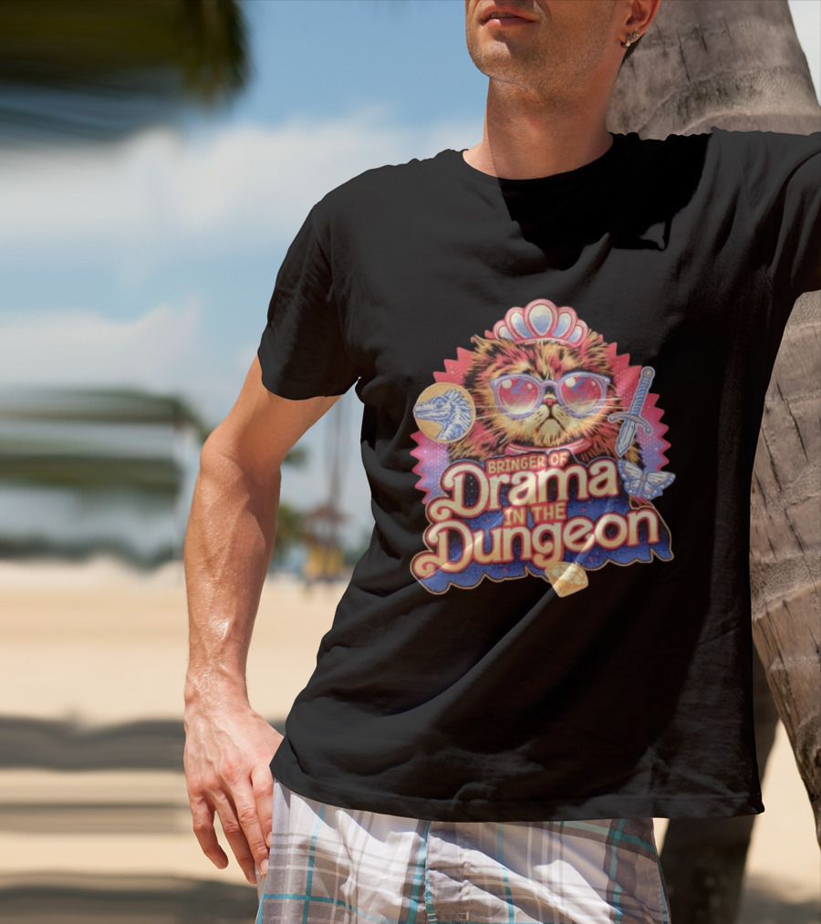 Bringer Of Drama In The Dungeon Cat With Raptor Dagger Butterfly Diamond T-Shirt