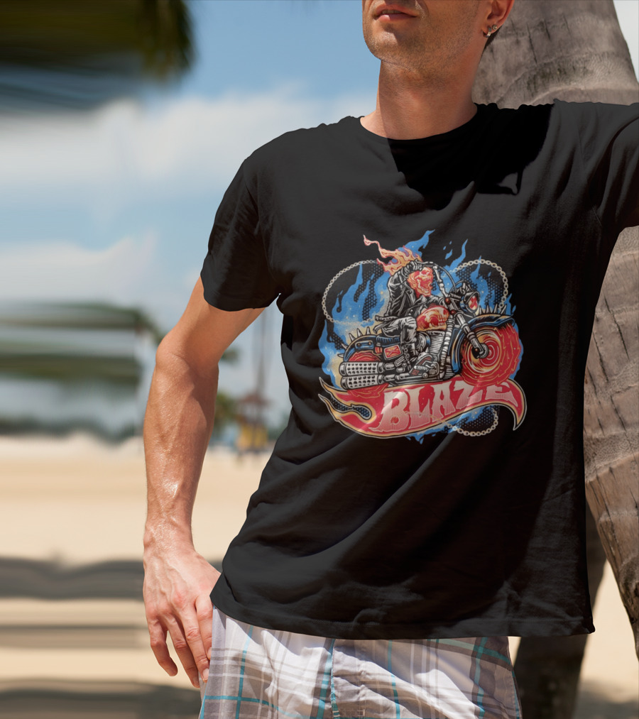 Blaze Flaming Skull Motorcycle Rider Blue Flame T-Shirt