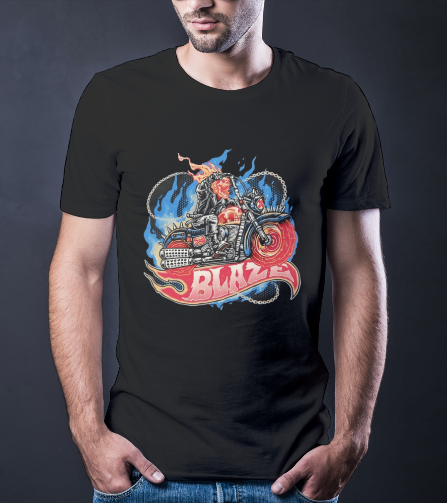 Blaze Flaming Skull Motorcycle Rider Blue Flame T-Shirt