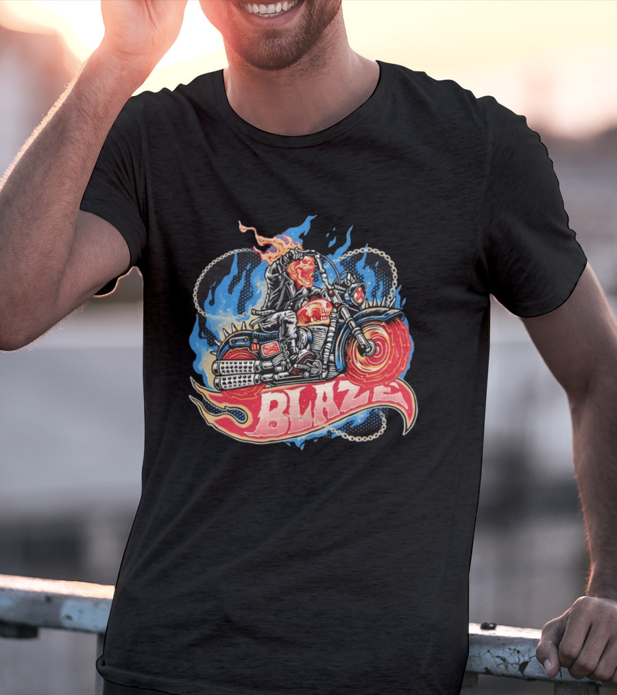 Blaze Flaming Skull Motorcycle Rider Blue Flame T-Shirt