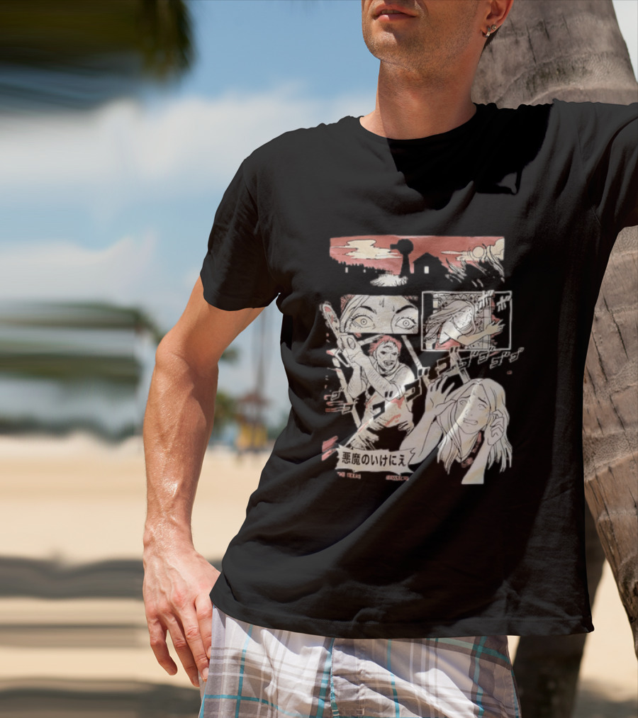 The Texas Chain Saw Massacre Manga Horror Panel With Japanese Text And Chainsaw Action T-Shirt